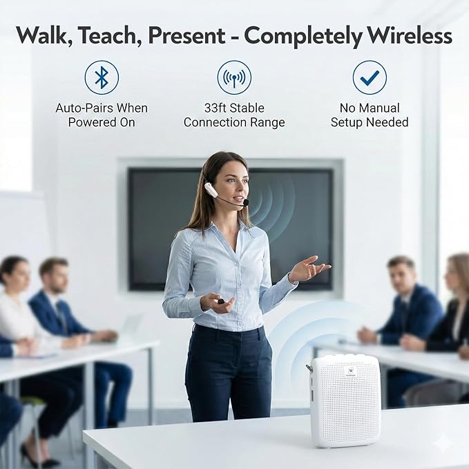 WinBridge Wireless Voice Amplifier -15W Bluetooth Headset Mic, Portable PA System for Teachers, Teacher Microphone for Classroom, 12-15H Battery, Small Presentation Speaker Sound Amplifier WB002 White
