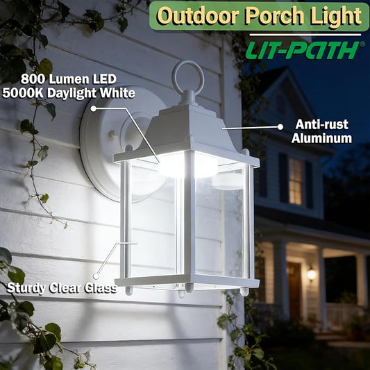 LIT-PaTH Outdoor LED Wall Lantern, Wall Sconce as Porch Light, 9.5W 800 Lumen, Aluminum Housing Plus Glass, 5000k-Matte White Finish, 2-Pack