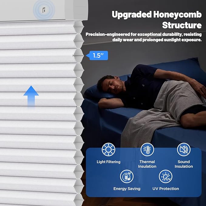 Motorized Cellular Shades with Remote, Light Filtering Smart Cellular Shades Compatible with Alexa, Honeycomb Window Blinds for Bedroom Home Office, Custom Size, Half Shading White
