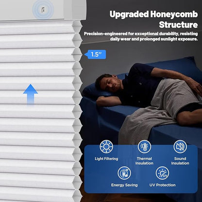 Motorized Cellular Shades with Remote, Light Filtering Smart Cellular Shades Compatible with Alexa, Honeycomb Window Blinds for Bedroom Home Office, Custom Size, Half Shading White