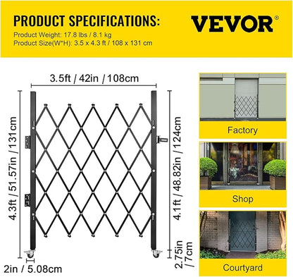 VEVOR Single Folding Security Gate, 51.57" H x 42" W Folding Door Gate, Steel Accordion Security Gate, Flexible Expanding Security Gate, 360° Rolling Barricade Gate, Scissor Gate or Door with Padlock