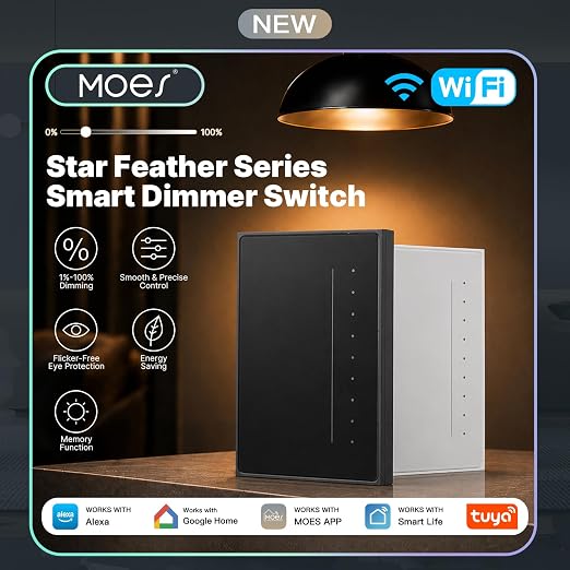 MOES SF WiFi Dimmer Switch, Neutral Wire Required, Anti-Glare Panel White | Full-Screen Touch, Vibration Feedback, Air Gesture Control,2.4GHz WiFi Work with Smart Life/Tuya, Alexa and Google Home