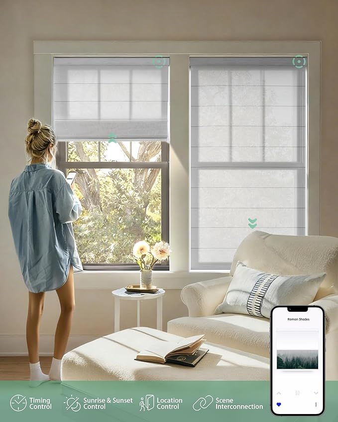 Yoolax Motorized Roman Shades with Remote, Smart Roman Shades for Windows, Semi Sheer Automatic Blinds Work with Alexa, Google, Apple Homekit for Living Room, Dining Room, Customized (Light Grey)
