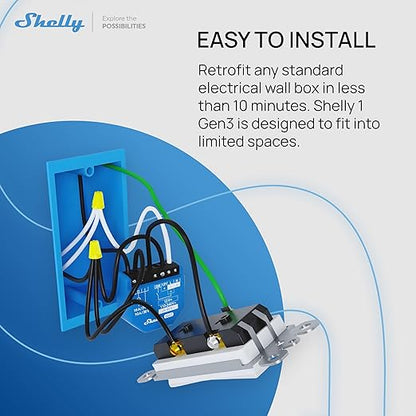Shelly 1 Gen3, WiFi & Matter Smart Relay Switch with Dry Contacts, 1-Channel 16A, Alexa, Home Assistant, SmartThings & Google Home Compatible, DIY Smart Automation, Garage Door Opener, No hub required