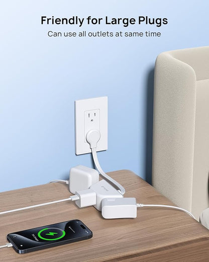 TROND Flat Outlet Extender with 6 Inch Cord for Tight Spaces | 3 Way Angled Plug Extension Outlet Adapter, Cruise Ship Essentials, Small Multiple Plug Splitter for Home Office, White