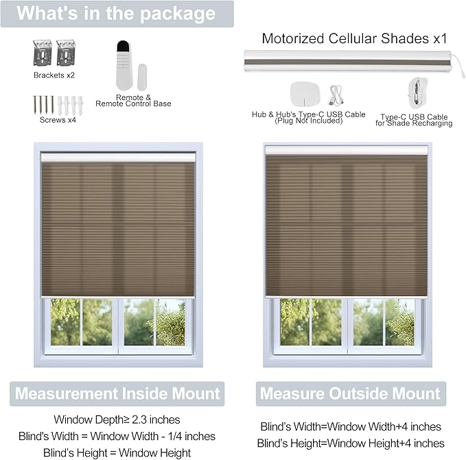 BERISSA Motorized Cellular Shades, Light Filtering Smart Honeycomb Blinds with Remote Control & Hub, Custom Room Darkening Automatic Cellular Window Blinds for Home Office, Living Room, Door,Brown