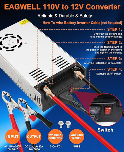 EAGWELL New Version Converter, 110V to 12V Converter DC Power Supply 12V Power Supply DC Switch Transformer for RV, Pump, LED Strip, LCD Monitor