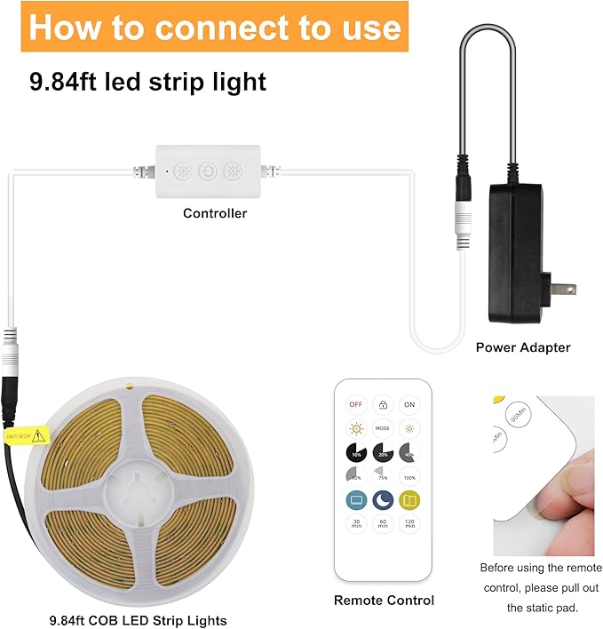 AXMOTUT COB LED Strip Lights with Remote, 24V 9.84ft Natural White Dimmable LED Light Strips, High Bright 4000K LED Lights with Power Supply for Room, Kitchen, DIY Home Decoration