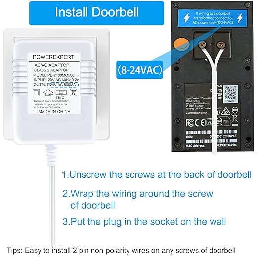 Doorbell Transformer, AC 24 Volt Transformer for Ring C Wire Adapter Thermostat Cord Compatible with Ring Doorbell, Wyze, Nest Ecobee, Honeywell, Eufy and Nest Hello Video Doorbells, White