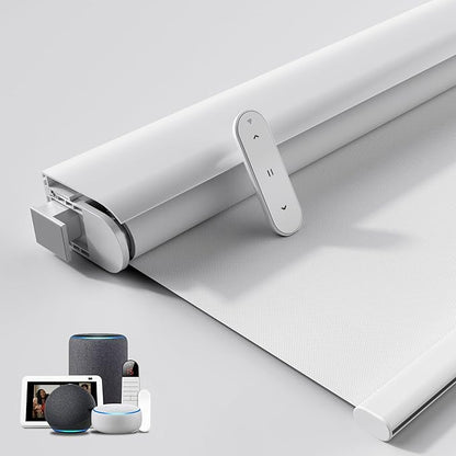 Grandekor No-Drill No Tools Motorized Blinds with Remote | 32x72 White Electric Blackout Smart Roller Shade/APP/Voice Control-for Home Office, Living Room