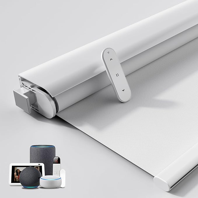 Grandekor No-Drill No Tools Motorized Blinds with Remote | 28.5x72 White Electric Blackout Smart Roller Shade/APP/Voice Control-for Home Office, Living Room