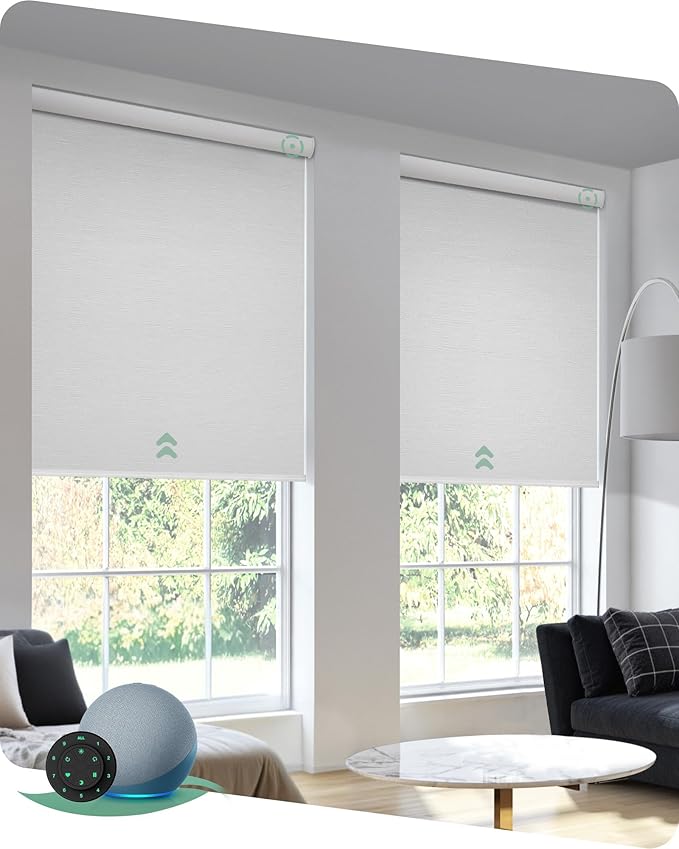 Yoolax Motorized Blinds with Remote, 100% Blackout Smart Blinds for Bedroom Home Office, Automatic Roller Window Shades Work with Alexa Voice Control, with Valance (Jacquard White, 33" W x 72" H)