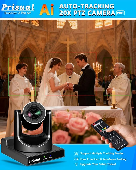 Prisual PTZ Camera Gen 5, 20X Optical Zoom SDI HDMI PoE USB IP Streaming, AI Auto Tracking for Church Worship Education Conference Facebook YouTube vMix OBS (TEM-20S PRO)