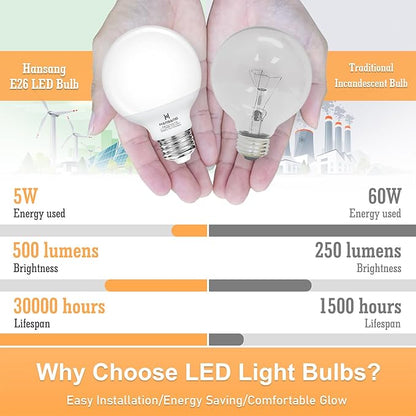 G25 Vanity Light Bulb 2700K Warm White 8 Pack, LED Globe Light Bulbs for Bathroom Vanity Mirror,E26 Medium Screw Base,5W 60W Incandescent Equivalent,500 Lumen,Non-dimmable