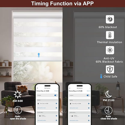 Bringnox Smart Motorized Zebra Roller Blinds - 60% Blackout, Remote Control, Works with HomeKit, Google Home & Alexa via Hub, Custom Size(60% Blackout White-31)
