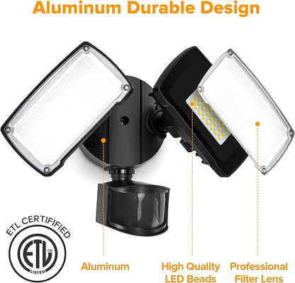 LUTEC 38W 3500 Lumen LED Motion Activated Integrated Dual-Head Floodlight Outdoor with Motion Sensor, 5000K Daylight, Dusk to Dawn, Exterior Security Wall Light for Patio, Garden, Yard(Black)