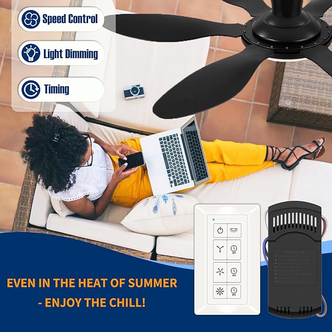 Ceiling Fan Remote Control Kit & Dimmer Switch, Adjustable 3-Speed Fan & Brightness Control & 2/4/8H Timing, Compatible with Hampton Bay Harbor Breeze Hunter, No in-Wall Wiring, White