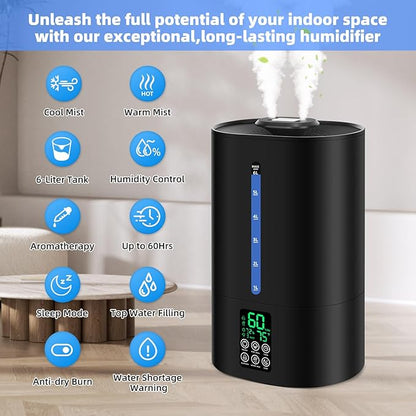 Coolfiqu 6L Humidifiers for Bedroom Large Room Home,Cool and Warm Humidifier for Baby and Plants Hot Mist Top Fill Desk Humidifiers Oil Diffuser,Quiet,Adjustable Mist,360°Nozzle-Black(2026 Upgraded)