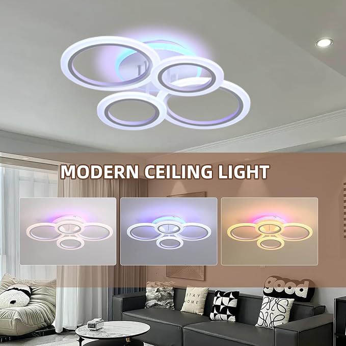 Modern LED Ceiling Light, 50W Dimmable Flush Mount, Remote, White | 3000-6000K Adjustable Color Temperature, Flicker-Free Lighting, 4 Rings Design for Kitchen, Dining Room, Hallway & Entrywa