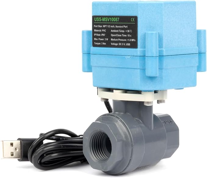 U.S. Solid WiFi Smart Motorized Ball Valve 1/2 in NPT, 2-Way PVC Electric Valve, USB Powered, LED Indicator, Remote On/Off for Water and Irrigation