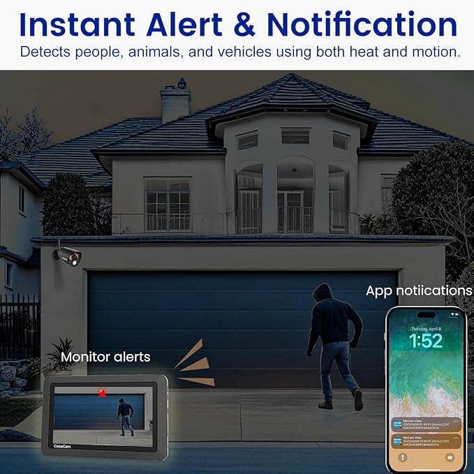 CasaCam GuardianCam Air | Wireless Security Camera System with 7" Touchscreen Monitor and 2 720p Cameras | AC Powered, Two-Way Audio, Free APP, Micro SD Card and Battery Installed, Model VS802