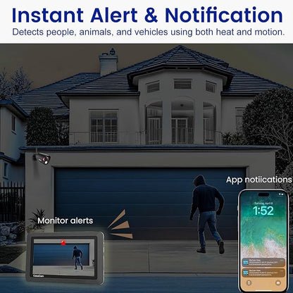 CasaCam GuardianCam Air | Wireless Security Camera System with 7" Touchscreen Monitor and 2 720p Cameras | AC Powered, Two-Way Audio, Free APP, Micro SD Card and Battery Installed, Model VS802
