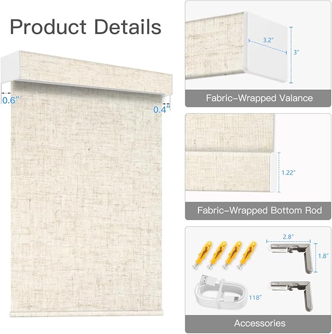Tokblind Motorized Light Filtering Roller Shade Fabric Covered Valance and Bottom Rod, Remote Control Electric Window Blind Compatible with Alexa via Hub, Custom Size (Texture Beige - Wrapped Fabric)