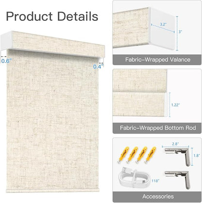 Tokblind Motorized Light Filtering Roller Shade Fabric Covered Valance and Bottom Rod, Remote Control Electric Window Blind Compatible with Alexa via Hub, Custom Size (Texture Beige - Wrapped Fabric)
