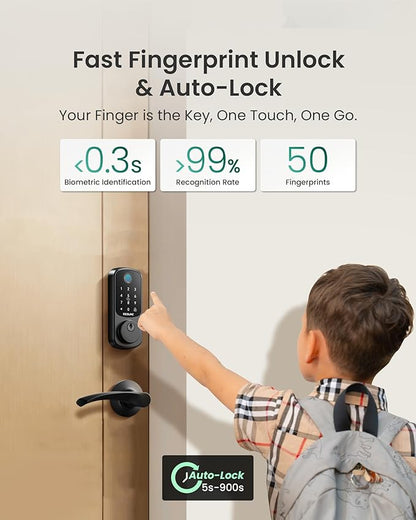 DESLOC B200 Fingerprint Smart Lock with 2 Lever Handles, Keyless Entry Front Door Lock Set, Electronic Keypad Deadbolt, App Control, Auto Lock, Long Battery Life,Matte Black