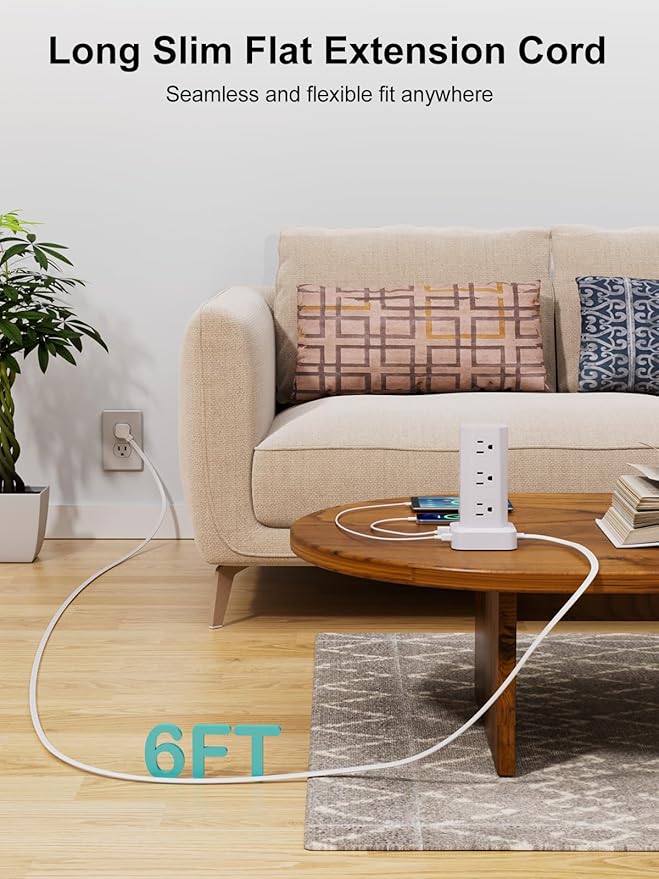 Power Strip Tower Surge Protector, 6FT Flat Plug Extension Cord with Multiple Outlets, 12 AC Outlets 4 USB (2 USB C), Desktop Charging Station with Surge Protection for Home Office Dorm Room, White