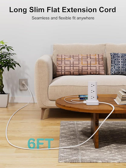 Power Strip Tower Surge Protector, 6FT Flat Plug Extension Cord with Multiple Outlets, 12 AC Outlets 4 USB (2 USB C), Desktop Charging Station with Surge Protection for Home Office Dorm Room, White