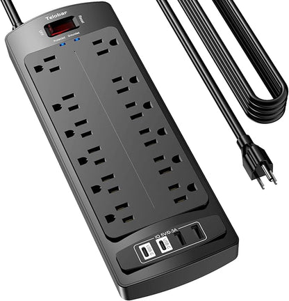 20 Ft Extension Cord Power Strip, Teiobar Surge Protector with 12 AC Outlets and 4 USB Ports for Home, Office, Dorm Essentials, 1875W/15A, 2700 Joules, ETL Listed, Black