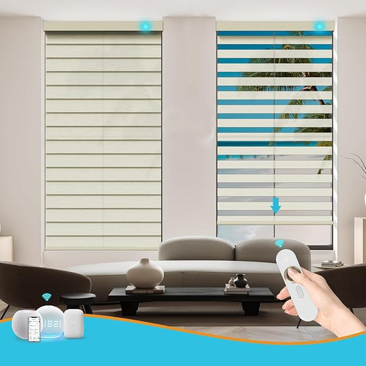 Motorized Blackout Zebra Blinds Shades Compatible with Alexa,Rechargeable Battery Day and Night Dual Layer Sheer Smart Blinds Shades with Valance,Customized Size (Light Gold)