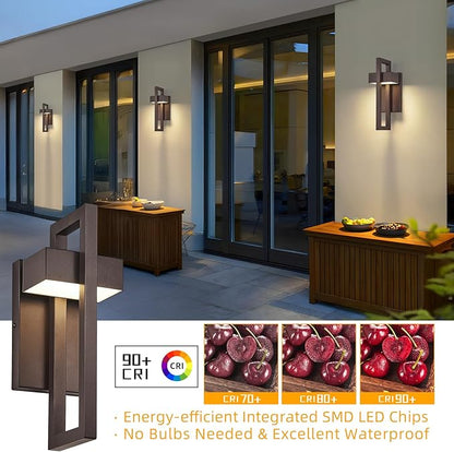 tewei 16.5'' Modern LED Outdoor Wall Sconce, Integrated LED Outdoor Light Fixtures Wall Mount Exterior Lights, Brown Front Porch Outside Lighting for House, Backyard, Warm White 3000K, 2 Pack