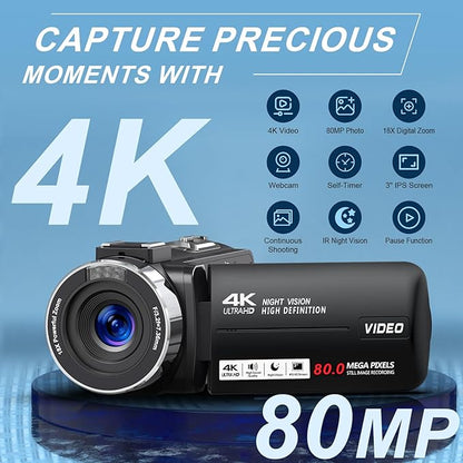 4K Camcorder Video Camera UHD 80MP IR Night Vision Vlogging Camera for YouTube,18X Digital Zoom Camcorder 3.0" 270° Rotation IPS HD Screen Video Recorder With 32GB SD Card, Lens Cap and 2 Batteries