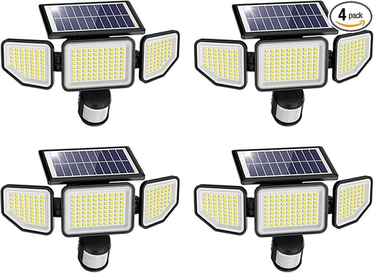 Onforu 4500LM Solar Lights Outdoor, 3 Heads Security Lights with Remote Control, IP65 Waterproof Motion Sensor Lights, 3 Modes Flood Lights for Wall, Porch, Yard, Outside, 4 Pack