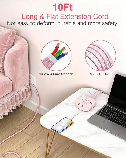 Cruise Ship Travel Essentials, 22.5W/4.5A Flat Plug Power Strip, 10Ft Long Extension Cord, 3 Outlets 4 USB Ports (2 USB C) Cruise Approved Power Strip No Surge Protection, USB Charging Station, Pink