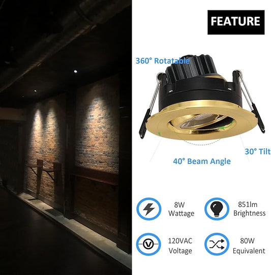POPANU Premium Shiny Gold 3-inch LED Recessed Lights - 5 CCT 3 Inch Eyeball Ceilling Gimbal Potlight, Dimmable Recessed Lights Fixture with Junction Box, 8W CCT Adjustable, Shiny Gold, 6P