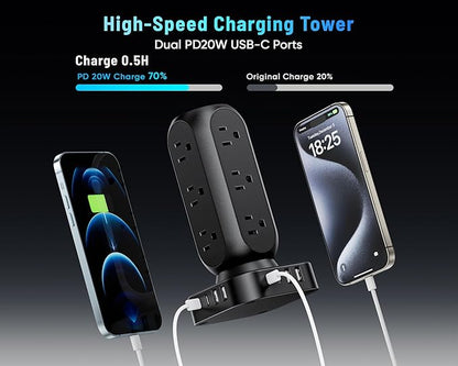 Flat Plug Power Strip Tower, TenTrend Dual PD 20W USB-C Surge Protector with 12 AC Outlets & 8 USB Ports (4 USB C), 40W Total Fast Charging Station, 10FT Extension Cord for Desk Office Dorm Room