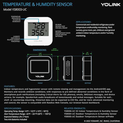 Smart Wireless Temperature Sensor/Humidity Sensor Wide Range (-22 to 158 Degrees) for Fridge Monitoring Pet Cage/Tank Monitoring, Smartphone Alerts, Compatible with Alexa IFTTT - Hub Included