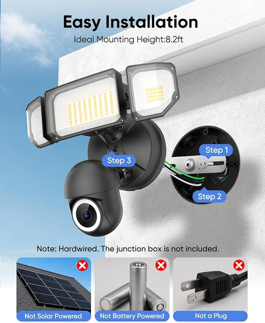 Floodlight Camera Hardwired 6500LM, 2K+ UHD Outdoor Security Camera, 360° Pan & Tilt View, AI Detection & Tracking, 24/7 Recording, Color Night Vision, 5GHz/2.4GHz WiFi, Compatible with Alexa