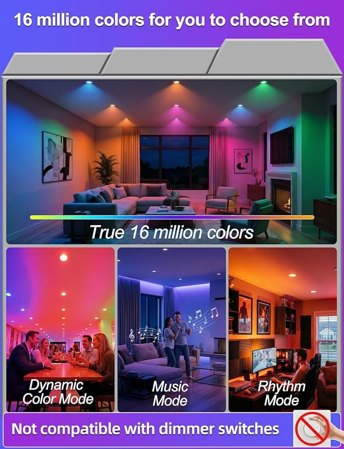 12 Pack BR30 LED Recessed Can Light Bulbs, 16 Million RGB Color Changing, BRmesh APP Bluetooth Control, 2700K-6000K Tunable White, E26 Base 10W 900LM (75W Equiv.), Fits 5"/6" Indoor Cans Only