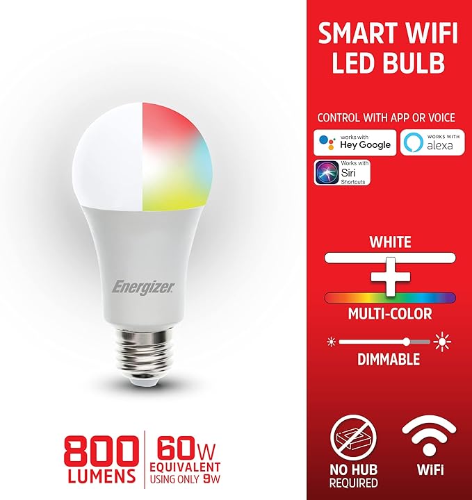 XTREME Energizer Connect Smart A19 LED White & Multi-Color RGB Light Bulb with Voice Control and Remote Access Through Your Smartphone | Compatible with Alexa and Google Assistant, 4 Pack