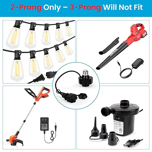 E26 Socket to AC Outlet Power Adapter, 2-Prong Plug Light Socket for Smart Bulbs and Outdoor Cameras Includes Extension Cord Ideal for Security Systems and LED Strips (Max 300W)
