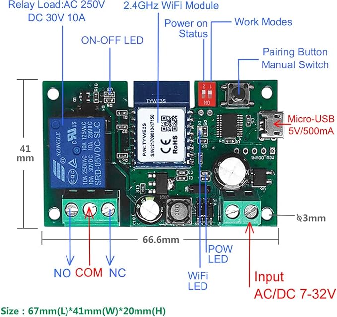 WiFi Wireless Inching Relay Switch Momentary DIY Smart Home Remote Control DC 5-32V AC 90-250V Compatible With Alexa Echo IFTTT (Using TUYA/Smart Life APP)