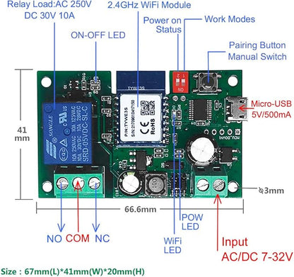 WiFi Wireless Inching Relay Switch Momentary DIY Smart Home Remote Control DC 5-32V AC 90-250V Compatible With Alexa Echo IFTTT (Using TUYA/Smart Life APP)
