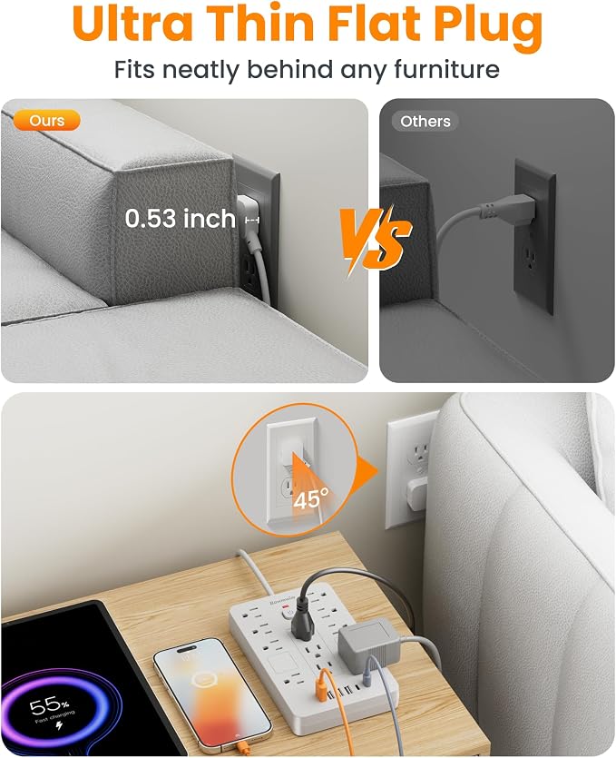 2 Pack Surge Protector Power Strip - 11 Outlets(1850W/15A/14AWG) with 6 USB Ports(2 USB C), 6FT Flat Plug Extension Cord, Wall Mount, White,Listed for Home, Dorm Room