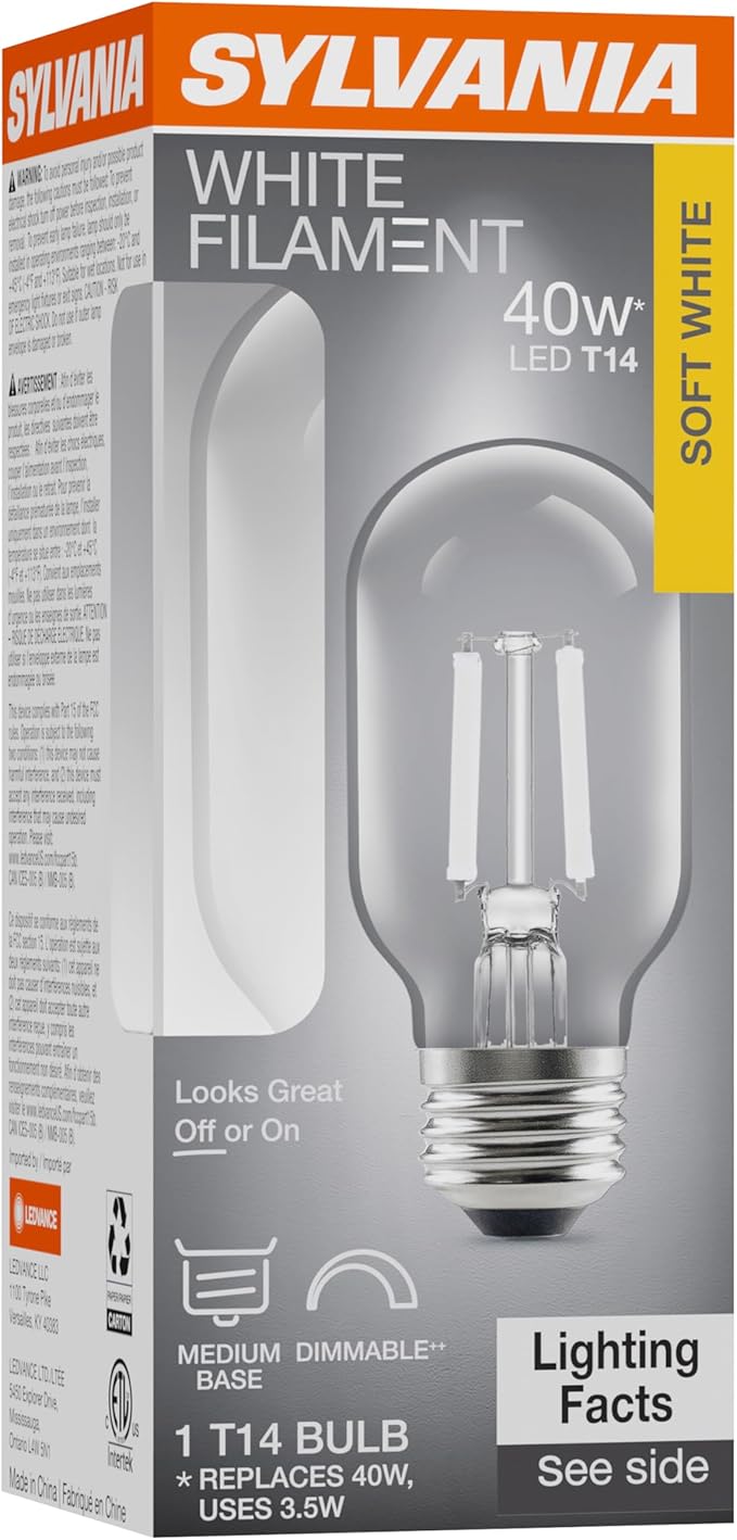 Sylvania T14 Clear LED White Filament Bulb, 3.5W, Dimmable, 300 LMS, Medium Base, 2700K, Soft White - 1 Pack (42266)