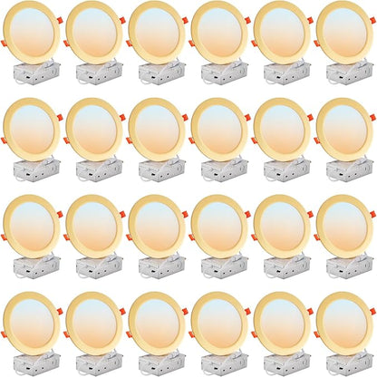 DLLT LED Recessed Ceiling Light: 24 Pack 6 Inch Slim Recessed Lighting for Kitchen - 5CCT Dimmable Canless Wafer Downlight for Living Room - 1200LM Brightness 12W LED Can Lights for Bedroom ETL FCC