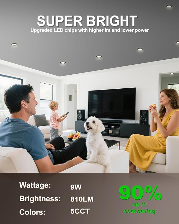 zouzai 1 Pack 4 Inch Black 5CCT Ultra-Thin LED Recessed Ceiling Light with Junction Box, 2700K/3000K/3500K/4000K/5000K Selectable, 9W Eqv 80W, Dimmable led can Lights - ETL and Energy Star Certified